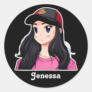 Pegatina Redonda Chica de animaciones de pelo negro con ojos azules