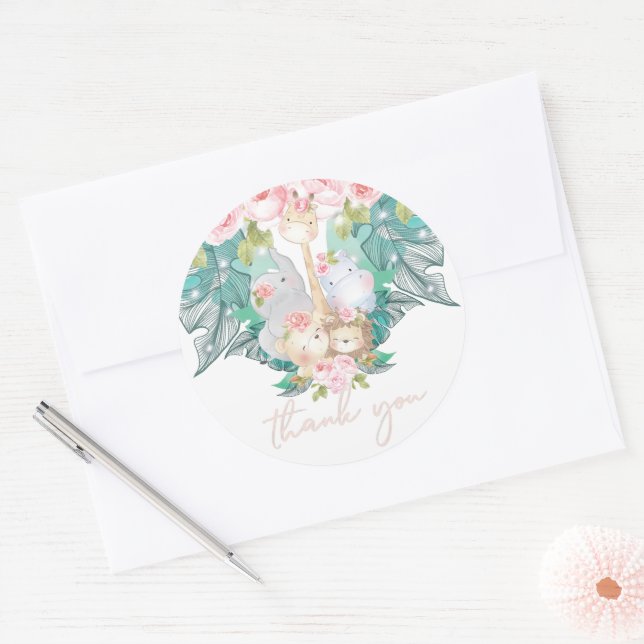 Pegatina Redonda Chica de animales de la jungla Cumpleaños Gracias (Sobre)