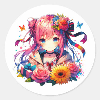 Pegatina Redonda Chica de anime arcoiris y fiesta de cumpleaños de 