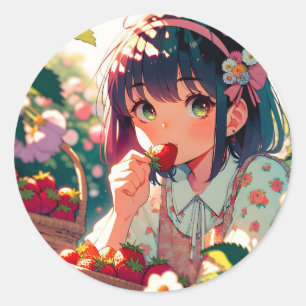 Pegatina Redonda Chica de anime cutáneo comiendo fresas   Día de ve
