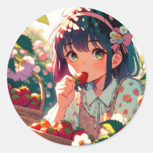 Pegatina Redonda Chica de anime cutáneo comiendo fresas   Día de ve