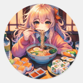 Pegatina Redonda Chica de anime lindo comiendo Ramen y suhi