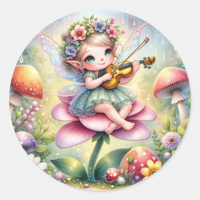 Pegatina Redonda Chica de anime lindo con violín en hongos (Anverso)