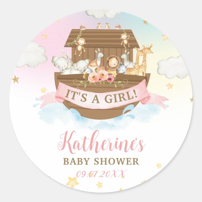 Pegatina Redonda Chica de Baby Shower de Animales Arco Iris de Noé  (Anverso)