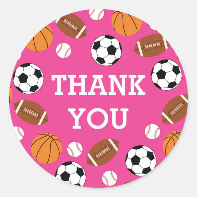 Pegatina Redonda Chica de Baby Shower para deportes rosados (Anverso)