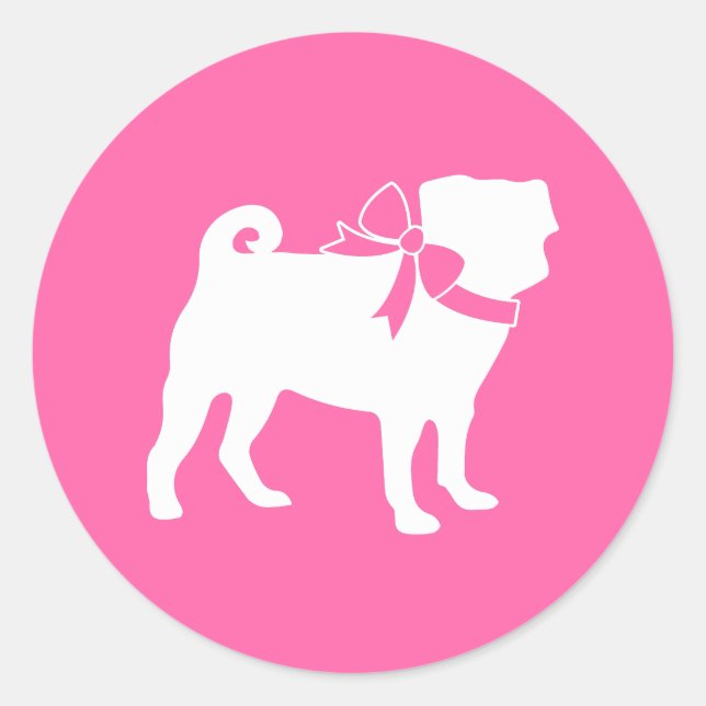Pegatina Redonda Chica de Baby Shower pug Dog Pink with Bow (Anverso)