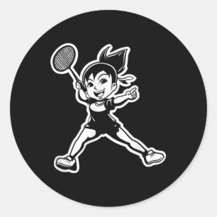 Pegatina Redonda Chica de bádminton cómica jugadora de volante 