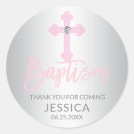 Pegatina Redonda Chica de bautismo moderno cruzado rosado para bebé