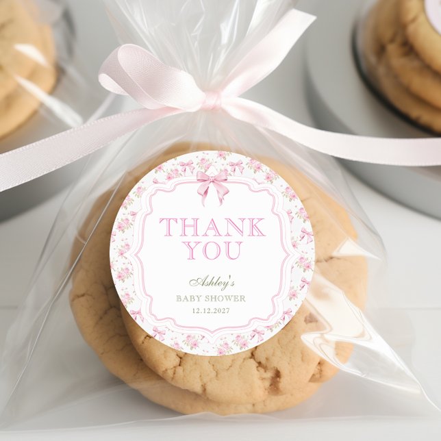 Pegatina Redonda Chica de Bow Rosado Baby Shower Gracias (Subido por el creador)