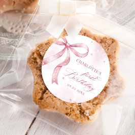 Pegatina Redonda Chica de Bow Rosado Primer Fiesta de Cumpleaños