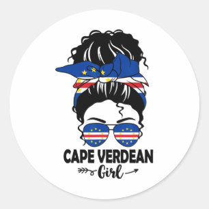 Pegatina Redonda Chica de Cabo Verde con moño desordenado y bandera