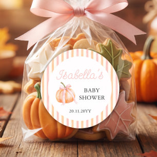 Pegatina Redonda Chica de calabaza con lazo rosa Baby Shower