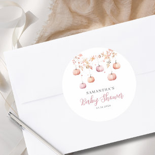 Pegatina Redonda Chica de calabaza rosa Baby Shower