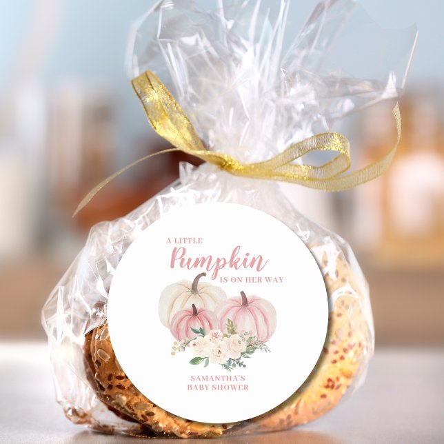 Pegatina Redonda Chica de calabaza rosa pequeño Baby Shower (Subido por el creador)