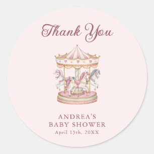 Pegatina Redonda Chica de carrusel rosa pastel Baby Shower