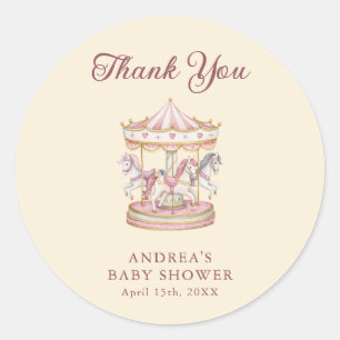 Pegatina Redonda Chica de Carrusel Rosa Pastel Dulce Baby Shower