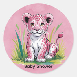 Pegatina Redonda Chica de color de agua de león rosa Baby Shower