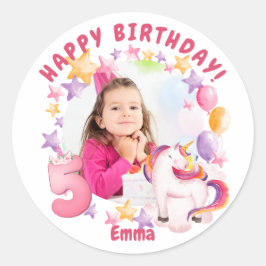 Pegatina Redonda Chica de cumpleaños 5 de Unicornio personalizado r