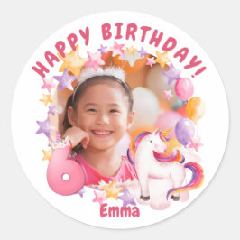 Pegatina Redonda Chica de cumpleaños 6 de Unicornio personalizado r