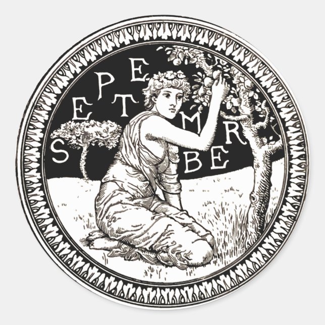 Pegatina Redonda Chica de cumpleaños de Art Nouveau September (Anverso)