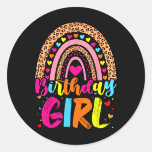 Pegatina Redonda Chica de cumpleaños Leopard Rainbow Birthday Party