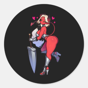 Pegatina Redonda Chica de Demonio Seductivo Con Fantasía De Espada