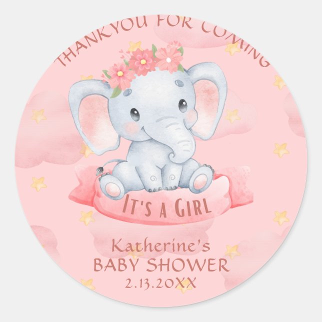 Pegatina Redonda Chica de elefante floral rosa Baby Shower (Anverso)