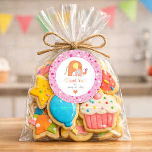 Pegatina Redonda Chica de elefante rosa Baby Shower Agradecimiento