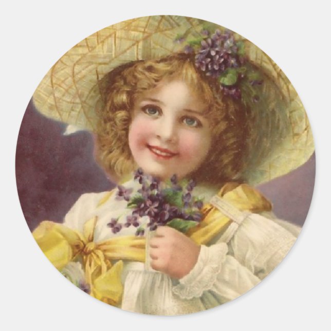 Pegatina Redonda Chica de época con flores violetas (Anverso)