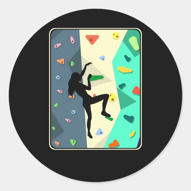 Pegatina Redonda Chica de escalada en pared mujer con rocas en el i (Anverso)