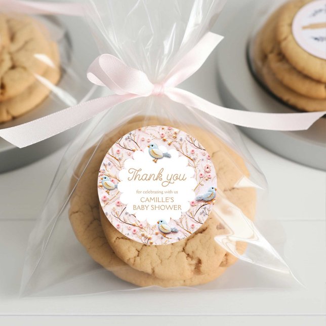 Pegatina Redonda Chica de Floral Rosa de Invierno Baby Shower Graci (Winter Pink Floral Girl Baby Shower Thank you Sticker)