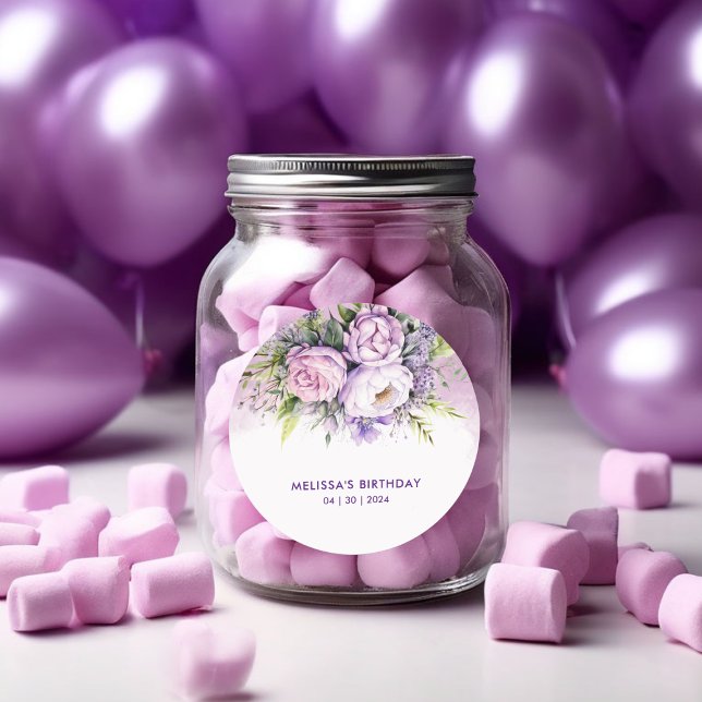 Pegatina Redonda Chica de flores de jardín morado y rosa cumpleaños (Purple & Pink Garden Flowers Girl Birthday Classic Round Sticker)