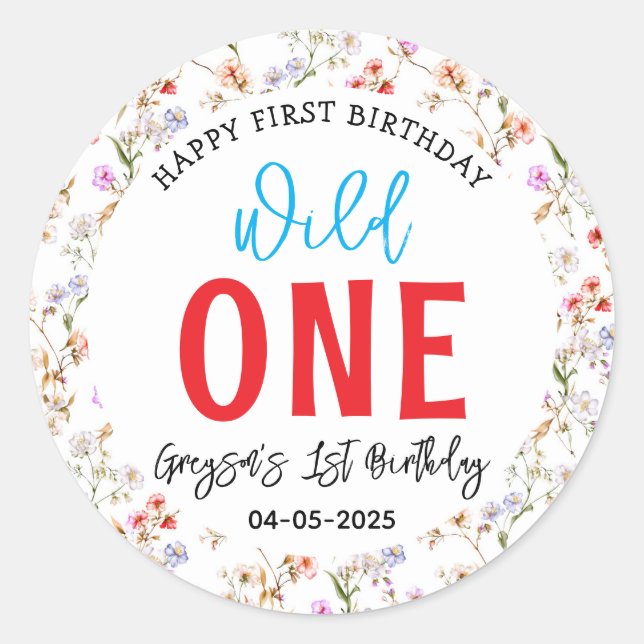 Pegatina Redonda Chica de Flores Silvestres Primer Fiesta de Cumple (Anverso)