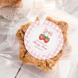 Pegatina Redonda Chica de fresa rosada Bow primer cumpleaños