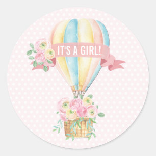Pegatina Redonda Chica de globo aerostático rosa Baby Shower Advent