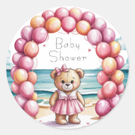 Pegatina Redonda Chica de globo de oseo Teddy en la playa Baby Show