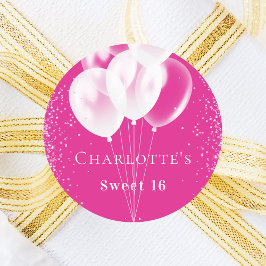 Pegatina Redonda Chica de globos blancos rosados de cumpleaños