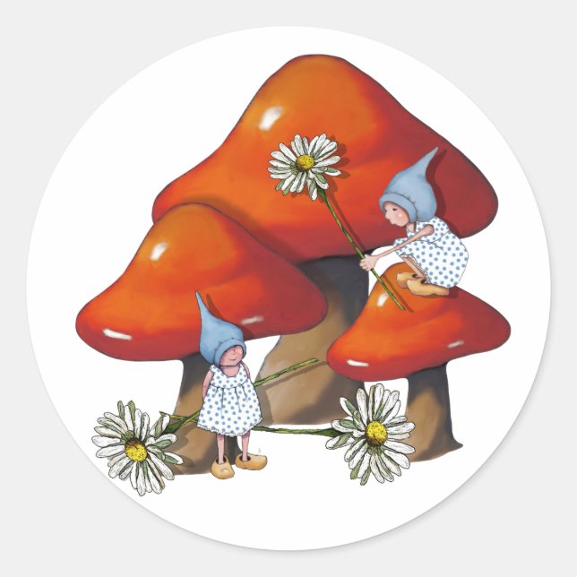 Pegatina Redonda Chica de Gnome en Toadstool, Daisies, Fantasía (Anverso)