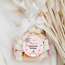 Pegatina Redonda Chica de Halloween Cumpleaños Fantasma Rosa Cute