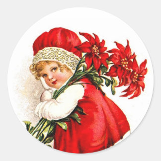 Pegatina Redonda Chica de Ilustracion Vintage con Poinsettias