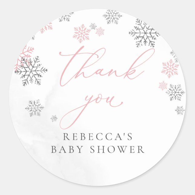 Pegatina Redonda Chica de invierno Snowflakes Baby Shower Gracias (Anverso)