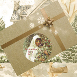 Pegatina Redonda Chica de invierno victoriano holly berry nieve ver