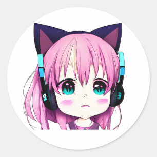 Pegatina Redonda Chica de Kawaii con auriculares encendidos