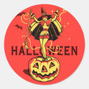 Pegatina Redonda Chica de la bruja de Halloween (vintage)