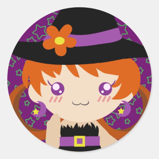 Pegatina Redonda Chica de la bruja de la cabeza roja (Anverso)
