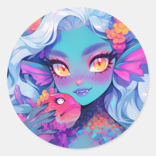 Pegatina Redonda Chica de la sirena con marea y Mascota