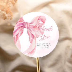 Pegatina Redonda Chica de lazo rosa Baby Shower