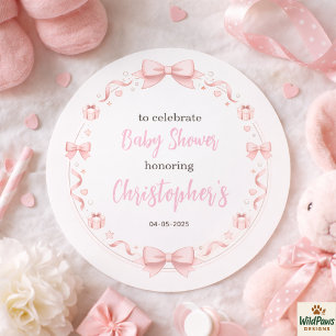 Pegatina Redonda Chica de lazo rosa Baby Shower – Fiesta linda y di