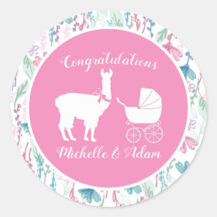 Pegatina Redonda Chica de Llama Rosa Cute Baby Shower