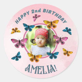 Pegatina Redonda Chica de mariposa rosada Cute Fotación de cumpleañ